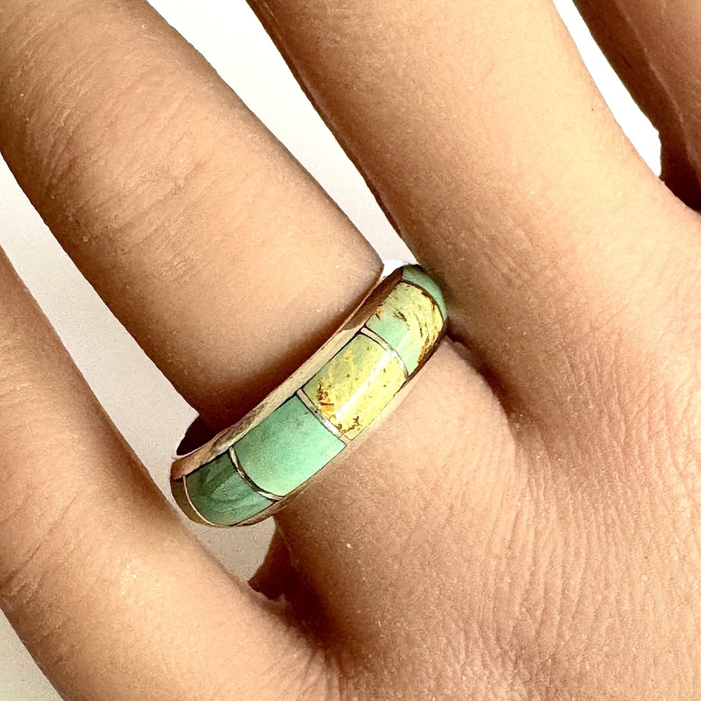 Native American Turquoise Wedding Band Sz 9.5 Ring 6mm Signed MK Zuni Inlay
